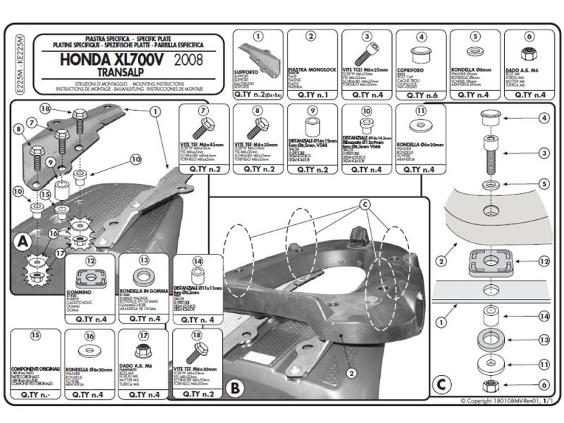 GIVI Placa soporte Monolock E Honda XL 700 V Transalp (2008-)