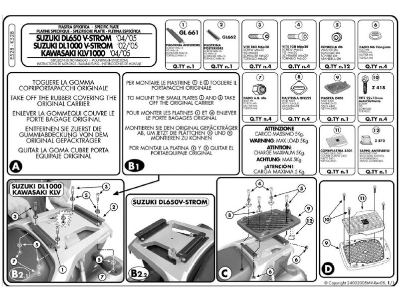 GIVI Placa de montaje Monokey E Suzuki DL 650 V-Strom (2004-2011) DL 1000 V-Strom (2002-2009) Kawasaki KLV 1000 (2004-2008)